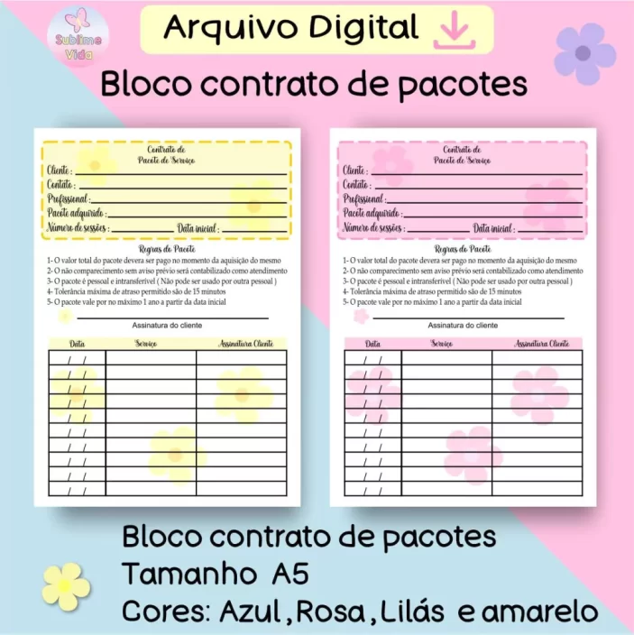 Bloco Contrato de Pacotes para Manicures, cabelereiras, depiladoras e etc, arquivo digital