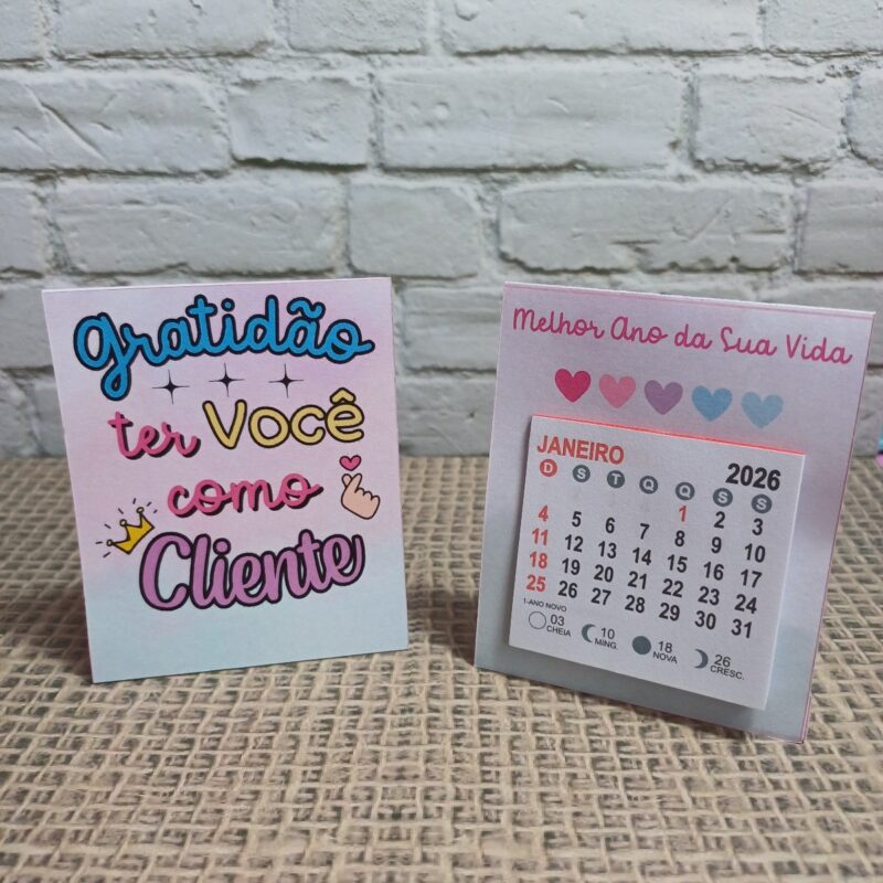 mini calendário de mesa 2026: gratidão ter você como cliente